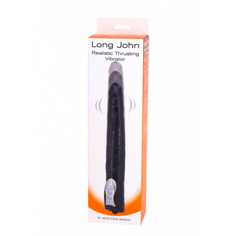 Чёрный вибромассажер Long John Realistic Thrusting Vibrator с функцией толкания - 20 см.